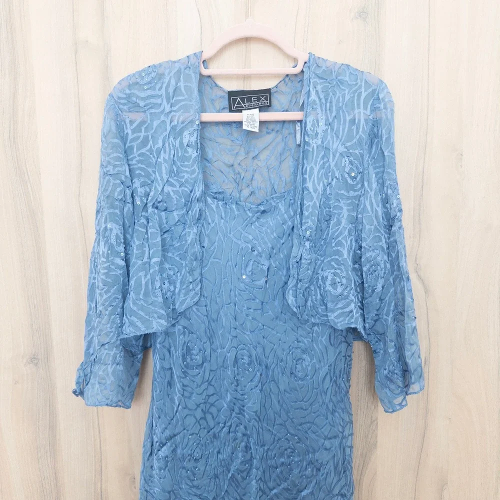 Alex Evenings Silk Dress Set 12 Blue 2 Piece Burnout Floral Formal Wedding Fairy